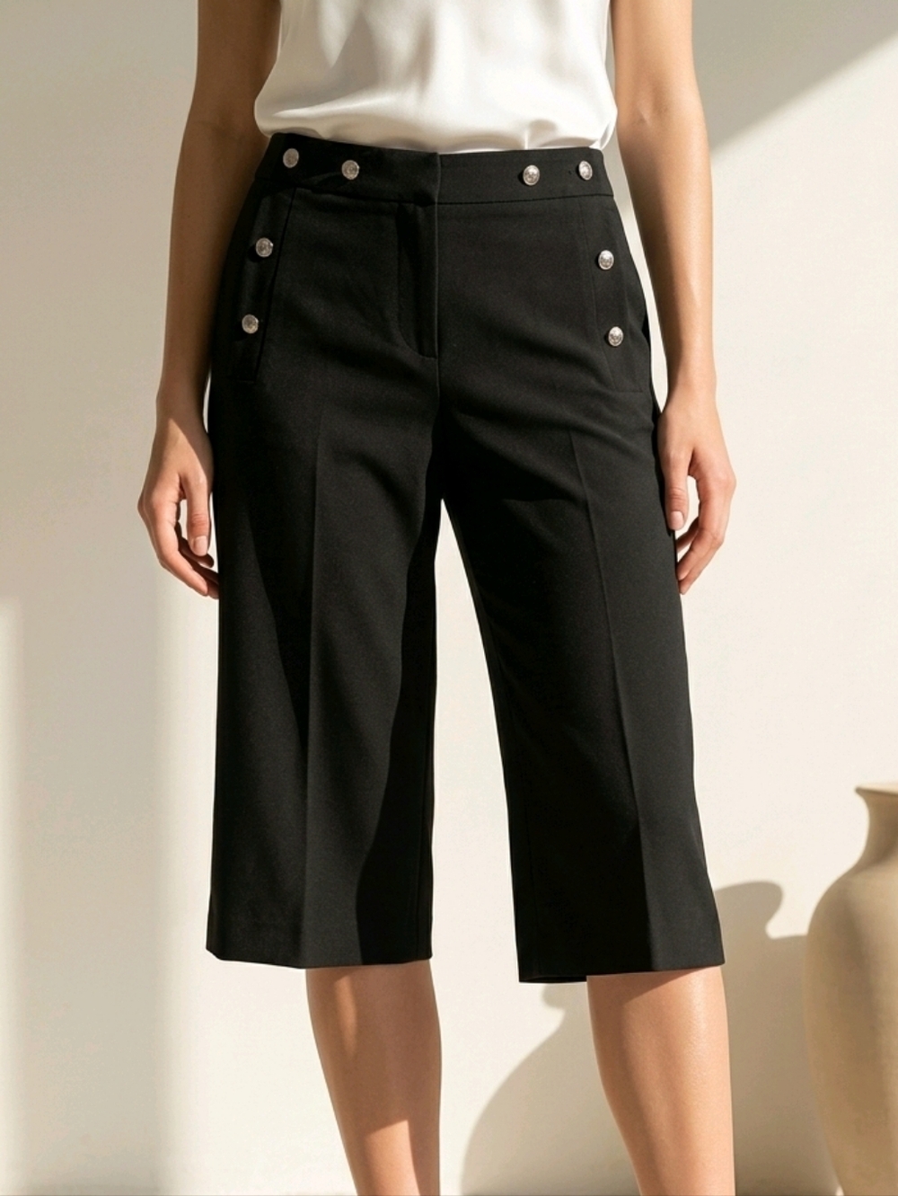 Black Sailor Gaucho Pants Size 8 Wide Leg Crop Dressbarn High Waisted Culottes